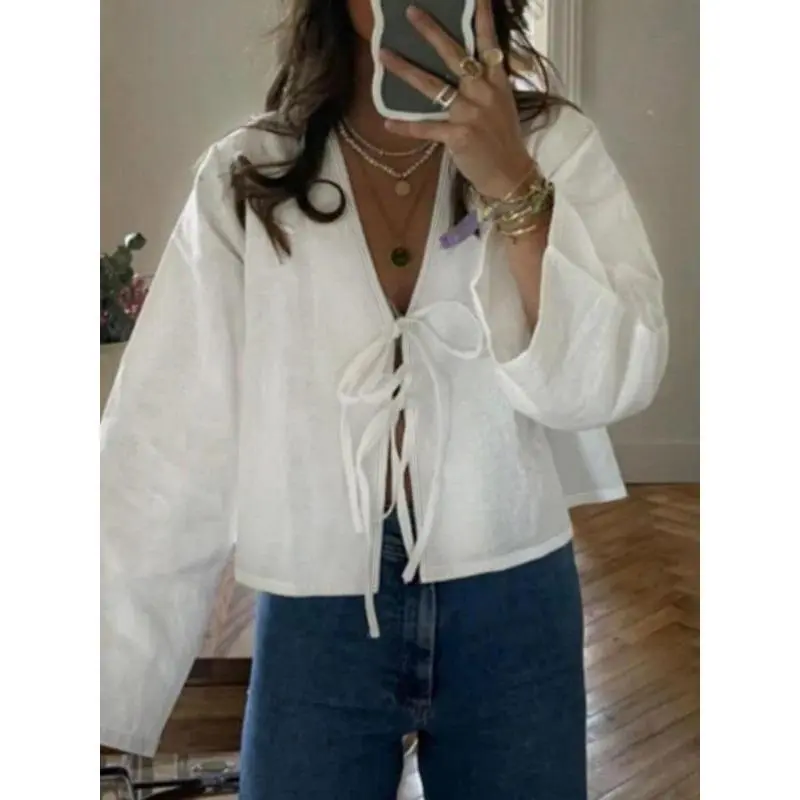 Women's Plain Tie Front V Neck Blouse, Casual Long Sleeve Top for Spring & Fall, Women's Clothing for Daily Wear, Workwear, January Workwear Shirts Womenswear