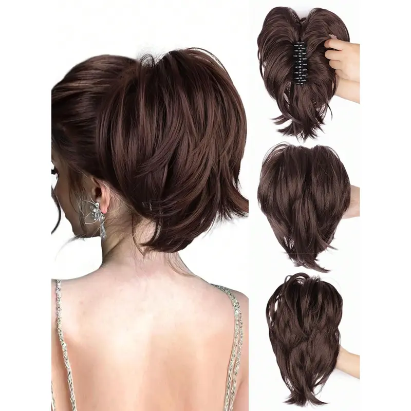 Bun Hair Piece, 10 Inch Claw Clip Short Ponytail Hair Extensions Bendable Messy Wavy Curly Fake Hairpieces For Women 0