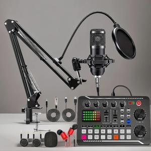 Podcast Equipment Bundle (1 Set), USB Rechargeable Podcast Microphone Bundle with Voice Changer, Live Audio Mixer, Adjustable Condenser Microphone Recording Studio Package, Podcast Equipment with USB Audio Interface