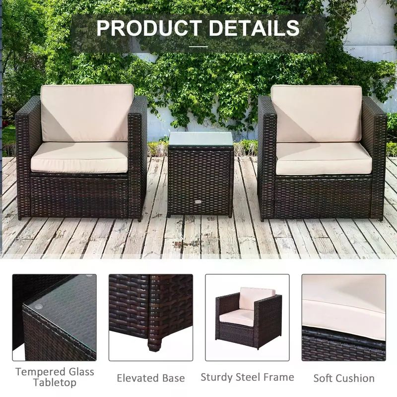 Outsunny Rattan Garden Furniture 2 Seater Sofa Furniture Set W/Cushions, Steel Frame-Brown 5