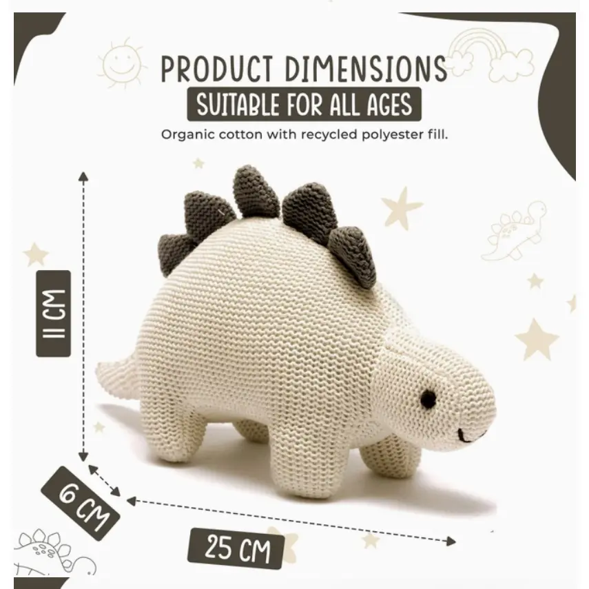Stanley the Stegosaurus - Organic White Cotton Knit Dinosaur Rattle