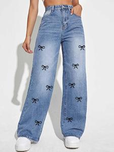 Women's Bow Print Denim Jeans, Casual Comfy   Jeans for Daily Wear, Ladies Bottoms for All Seasons