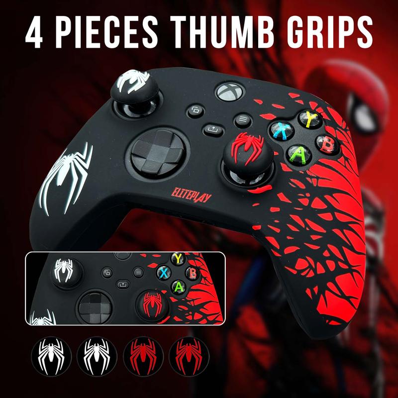 Black and Red Spider Anti-Slip Silicone Cover Skin for Xbox Controller with 2 Sets Thumb Grips 4