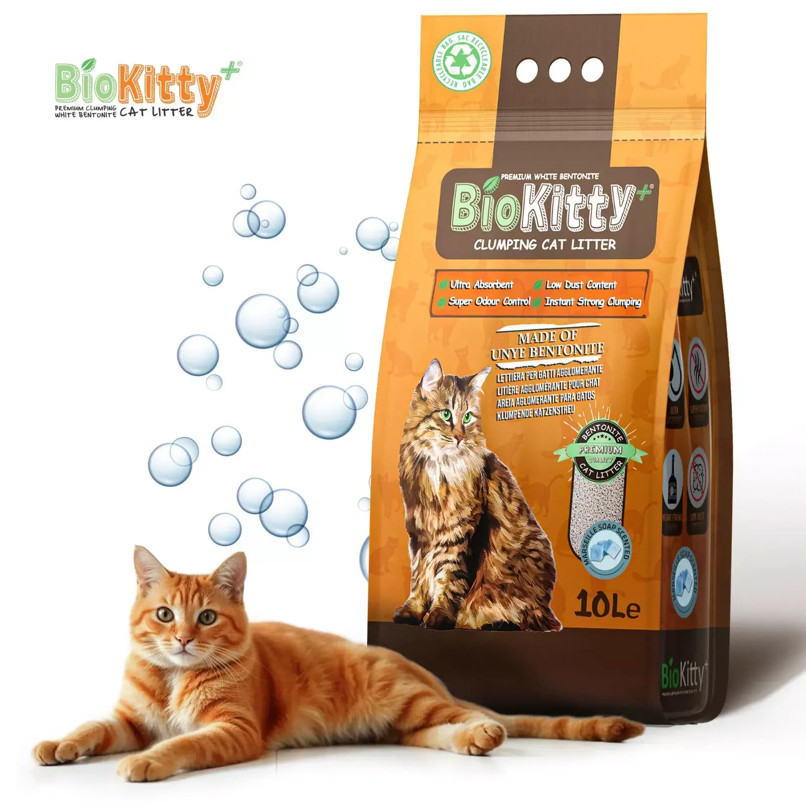 BioKitty Clumping Cat Litter, 10L Highly Absorbent Natural Bentonite Minerals Cat Litter, Long Lasting Odour Control, Maximum Hygiene with Strong Cat Litter Clumping (Marseille Soap. Pack of 1)