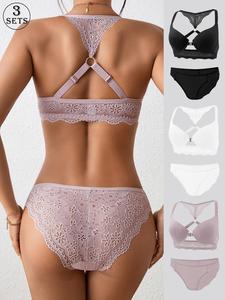 Women's Solid Color Lace Bra & Panty Set, Casual Comfy Breathable Buckle Back Bra & Panty Set, Lingerie Set for Women