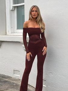 Women's Solid Off Shoulder Tulle Jumpsuit, Sexy Fashion Casual Ruched Long Sleeve Jumpsuit for Daily Wear, Ladies Clothes for All Seasons