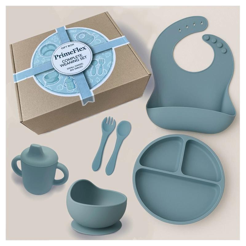Baby Weaning Feeding Set Silicone Supplies with Plate Bowl Bib Spoon Fork Cup 1