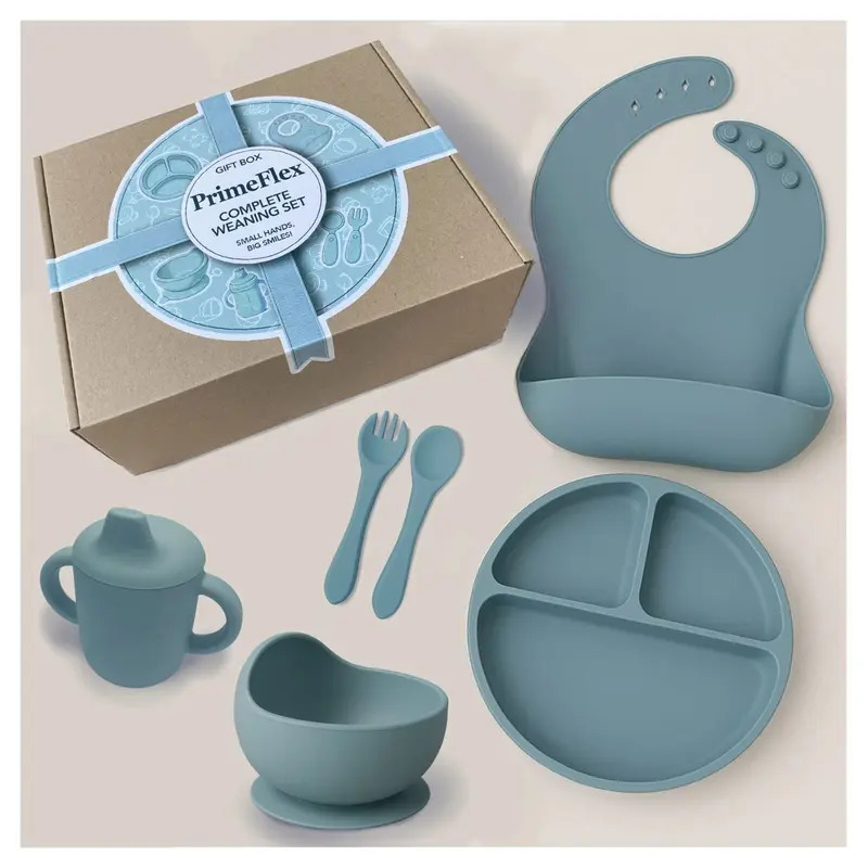 Baby Weaning Feeding Set Silicone Supplies with Plate Bowl Bib Spoon Fork Cup 1