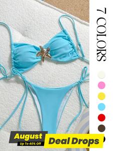 Two-piece Set Women's Solid Ruched Backless Bikini Set, Casual Fashion Tie Back Wireless Adjustable Swim Top & Tie Side Swim Bottom, Ladies Summer Swimsuit for Beach Holiday Vacation, Swimsuit for Women, Bikinis Sets, Clothes for Women, Bikini Outfits