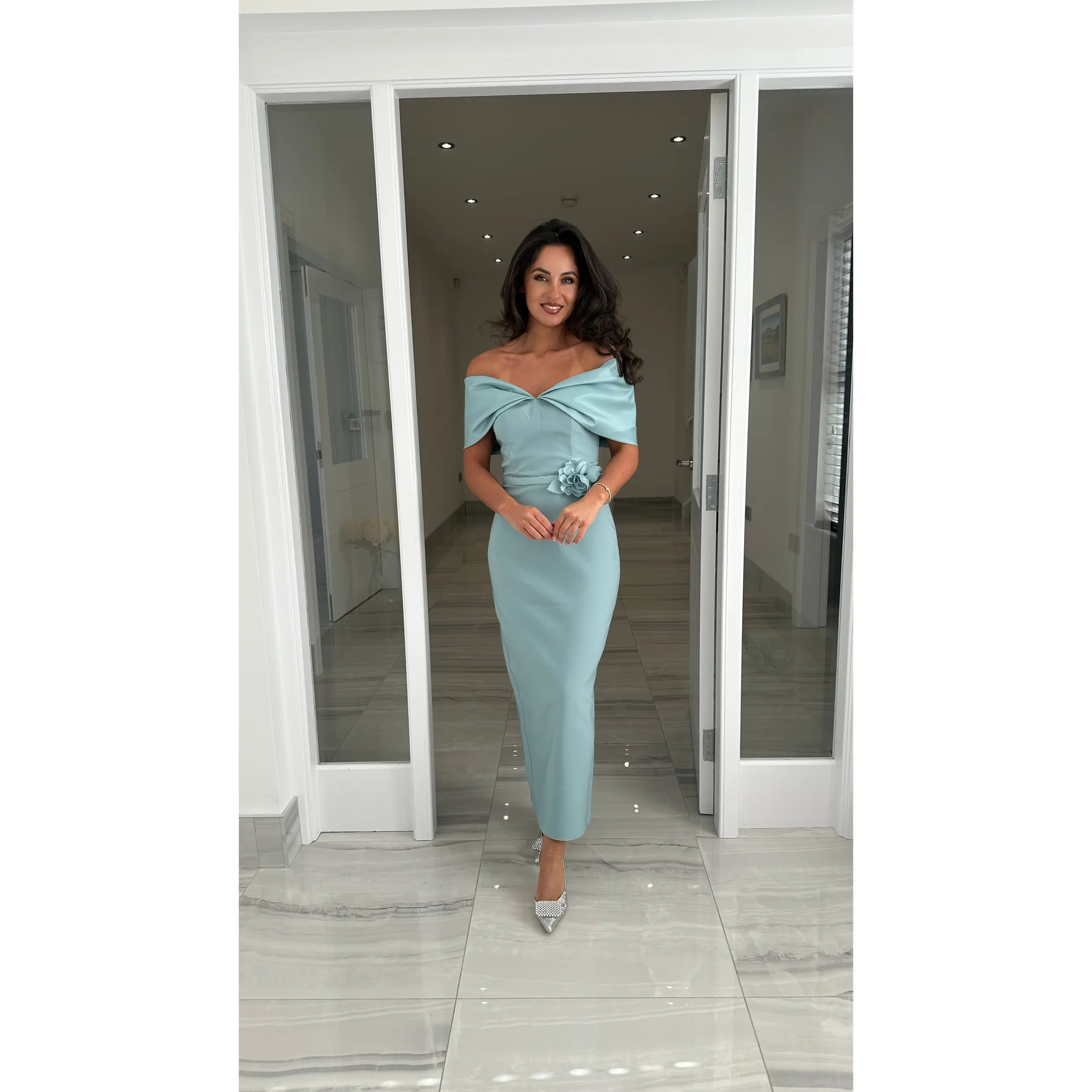 Premium Sea Mist Bardot Midi Dress