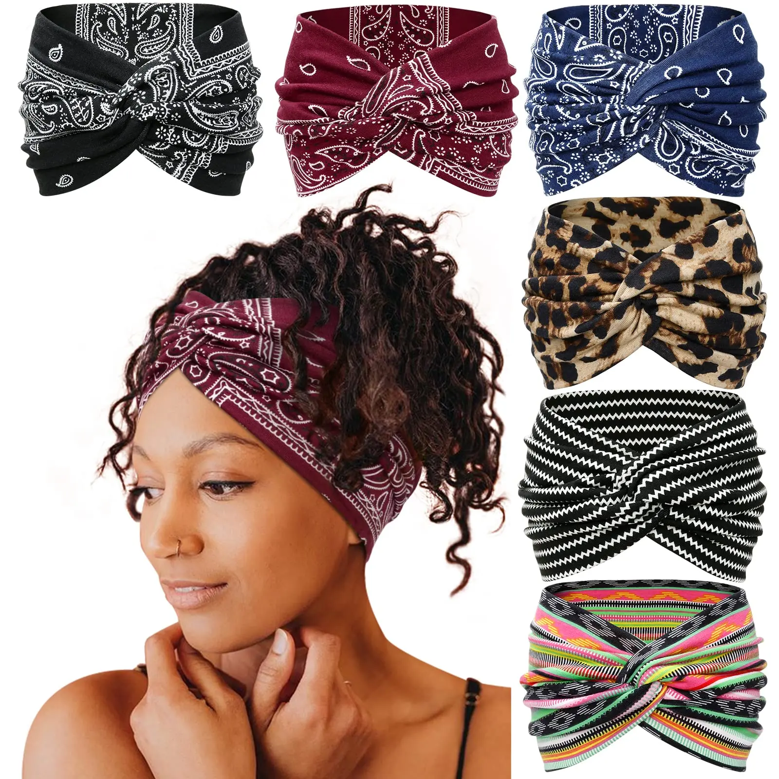 Wide Headbands for Women, 7'' Boho Turban Headband Large Hairband Twisted Hair Accessories,  Casual Comfortable Breathable Non-slip Hair Band, High Stretch Sports Headband for Women & Girls, Hair Accessories for Yoga Workout，6 pack