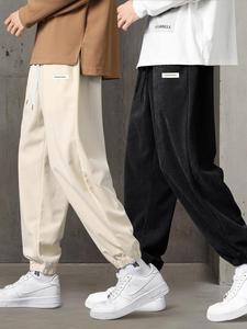 Men's Letter Patched Drawstring Waist Corduroy Pants, Casual Comfy Pocket Trousers for Fall & Winter, Men's Bottoms for Daily Wear