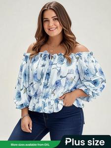 【Plus Size】 All Over Floral Print Off Shoulder Blouses, Casual Long Sleeve Top for Summer, Women's Clothes for Daily Wear, Bohemian Womenswear, Elegant Plus Size, Off Shoulder Ruffle Boho Clothes Women