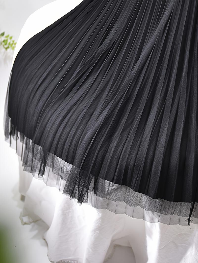 Product Introduction of Polly Pocket Skirt Women'S Chic A-Line Pleated Skirt, 100% Polyester Knit Fabric, Solid Color, Elastic Waist, All-Season, Breathable Mesh Lining, 24g/m² - Elegant Midi Skirt 7