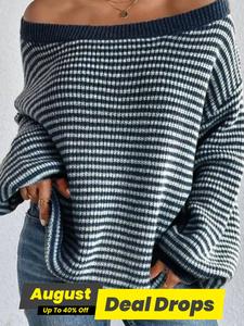 Women's Striped Pattern Drop Shoulder Long Sleeve Knitted Sweater, Casual Loose Fit Bishop Sleeve Boat Neck Jumper for Everyday Daily Outdoor Wear, Ladies Knitwear for Fall & Winter, Tops for Women, Clothes for Women, Baggy Womenswear