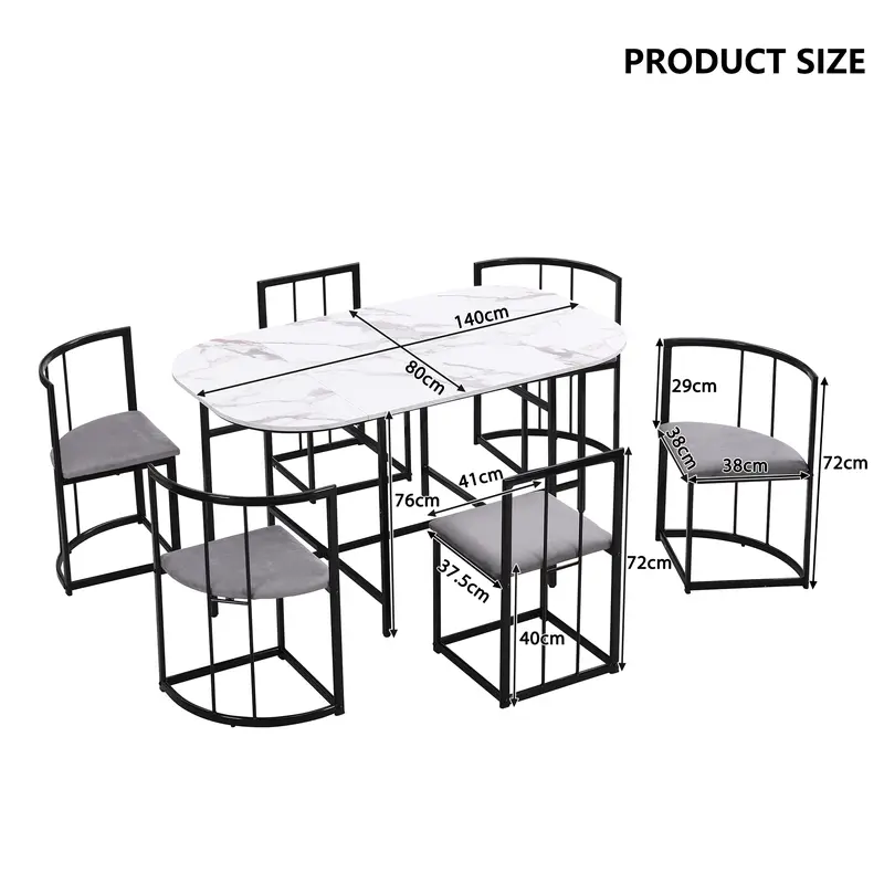 Six-chair dining table set: (White table, chairs with backrests and gray cushions, black iron frame), dining room table and chair set, modern dining table combination 7