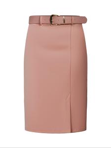 Spring & Fall Casual Slim-Fit Knee-Length Skirt, Plain Color Office Wear, Split Thigh Design, Metal Buckle Waistband Detail