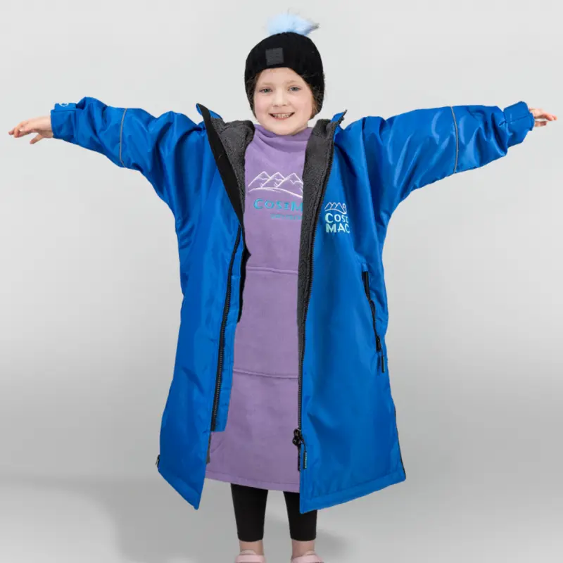 Cosimac Junior CosiRobe Flex - Blue with Grey Fleece - Super Warm Waterproof Outdoor Changing Robe for Sea Swimming Outwear Comfort Kids Coat Horse Riding Equestrian 4