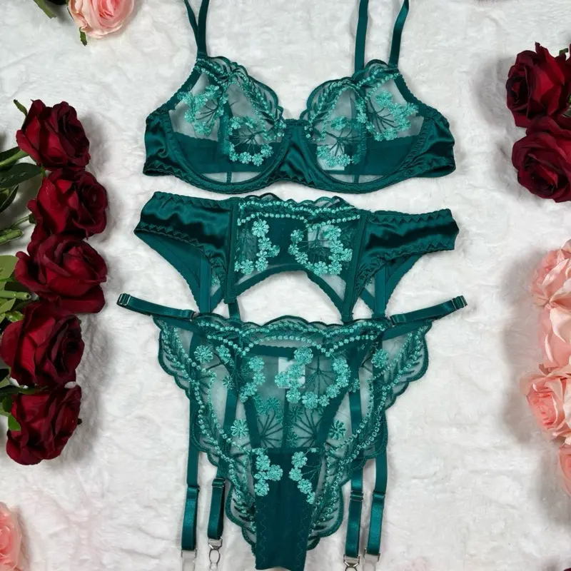 Lingerie doll. Emerald Green  luxury elegant  4 piece embroidery lingerie Set with Adjustable straps. Bra garter knicker and leg straps. Comfortable, Comfort, Fit, Clothes, Womenswear