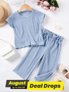 Two-piece Set Toddler Girl's Solid Drop Shoulder Tee & Bow Pants Set, Cute Casual Short Sleeve Round Neck Tops & Trousers, Kids Summer Clothes Ella Thomas Coming Home Trousers, Children Summer Outfits Set, Striped Sets, Baby Girl Summer Clothing Set