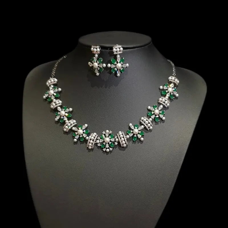 Lab-Grown Emeralds Necklace Set with Cubic Zirconia & Pearls – Black Polish Rhodium Oxidised Finish 3