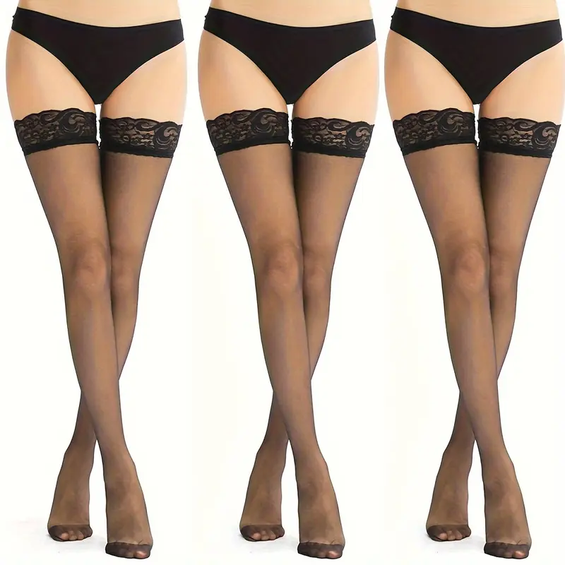 3 Pairs Lace Trim Thigh High Stockings, Ultra-thin Slim Over The Knee Socks, Women's Stockings & Hosiery Womenswear Comfort 1