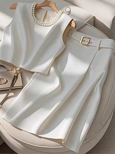 Women's Solid Color Top & Skirt Two-piece Set, Elegant Fashion Casual Top & Flare Skirt for Daily Outdoor Wear, Ladies Clothes for All Seasons