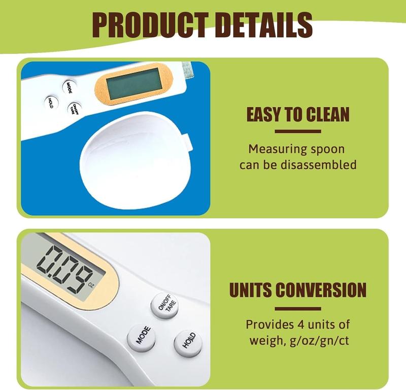 Product Introduction of Kitchen Digital Spoon Food Measuring Scoop Scale, Weighing Spoon Scale 0.1g to 500g Precision with LCD Display Spoon Scale, Electronic Measuring, for Dispensing Food, Condiments and Pet Food (White) Utensils Lightweight 7
