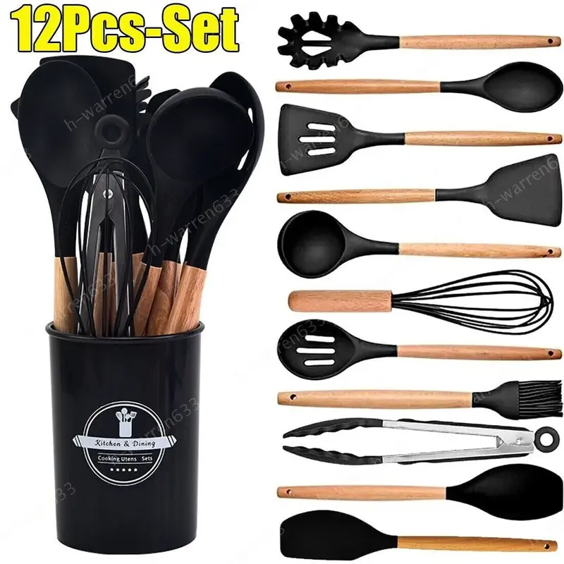 Kitchen Cooking Utensil Set, 12 Pcs Silicone Kitchen Cooking Utensil Set with Utensil Holder, Heat Resistant Non Stick Cooking Tool, Summer for Gift, Wooden, Handles 7