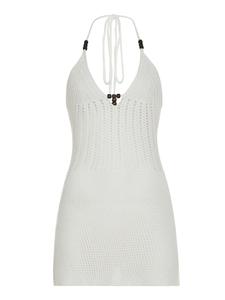 Women's Plain Hollow Out Backless Halter Neck Crochet Dress, Boho Fashion Sleeveless Tie Back Dress for Beach Holiday Vacation, Ladies Summer Clothes, Womenswear