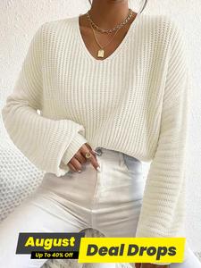 Women's Solid Hollow Out Drop Shoulder Sweater, Casual Soft Long Sleeve V Neck Jumper for Daily Outdoor Wear, Women Knit Top for Fall & Winter, Womenswear, Knitwear