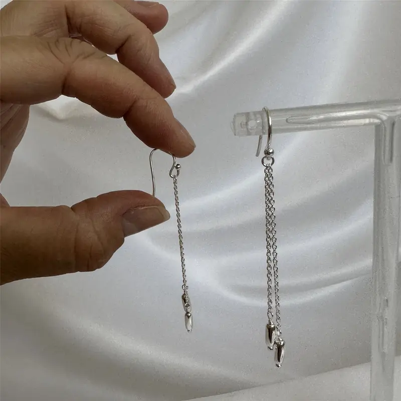 Sterling Silver Double Chain Nugget Drop Dangle Earrings 6