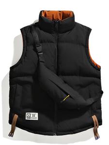 Men's Solid Patched Pocket Zipper Vest Jacket with Bag, Regular Fit Casual Sleeveless High Neck Outerwear for Fall & Winter, Men's Clothes for Daily Wear