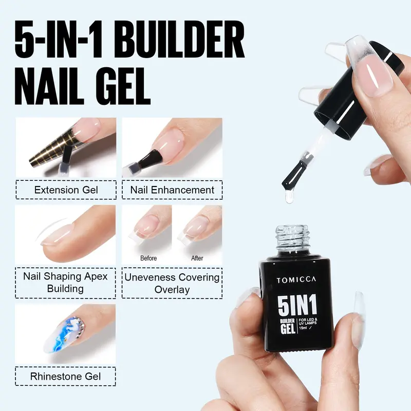 5 in 1 Builder Nail Gel- Builder Base Strengthening Clear Nail Gel for Hard Strong Nails Tips & Extensions,Clear Builder Gel for Nails Repair,Nail Art Decoration Easy to Shape(Clear 15ML) 2
