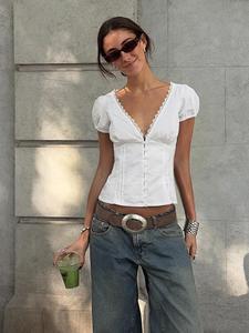 Women's Plain Lace Trim Deep V Neck Blouse, Casual Puff Sleeve Top for Summer, Women's Clothing for Daily Wear, Womenswear
