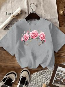 Women's Rose Print Round Neck Sports Tee, Casual Short Sleeve Crew Neck T-Shirt for Summer, Fashion Women's Top for Daily Wear