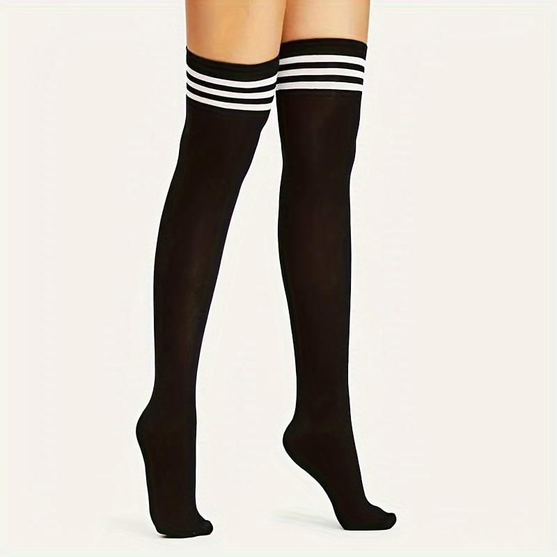 [Pair of Classic Knee-High Socks] A Pair of Classic Black And White Knee-High Socks with Three Stripes, Stylish And Versatile. 1