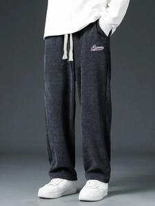 Men's Loose Letter Print Pocket Drawstring Waist Corduroy Pants, Casual Comfy Straight Leg Trousers for Fall & Winter, Pants for Men, Comfort Menswear, Men's Bottoms for Summer Daily Wear