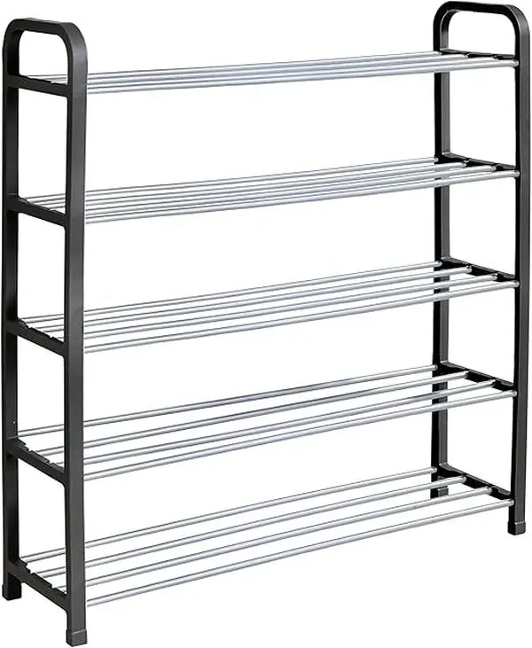 5 Tier Shoe Slots Rack - Space Saving Shoe Storage Organiser with Quick, Tool-Free Assembly - Shoe Slots Holds 15-20 Pairs - Dimensions (L) 75.5cm x (W) 18.5cm x (H) 75.5cm - Black Metal Slide