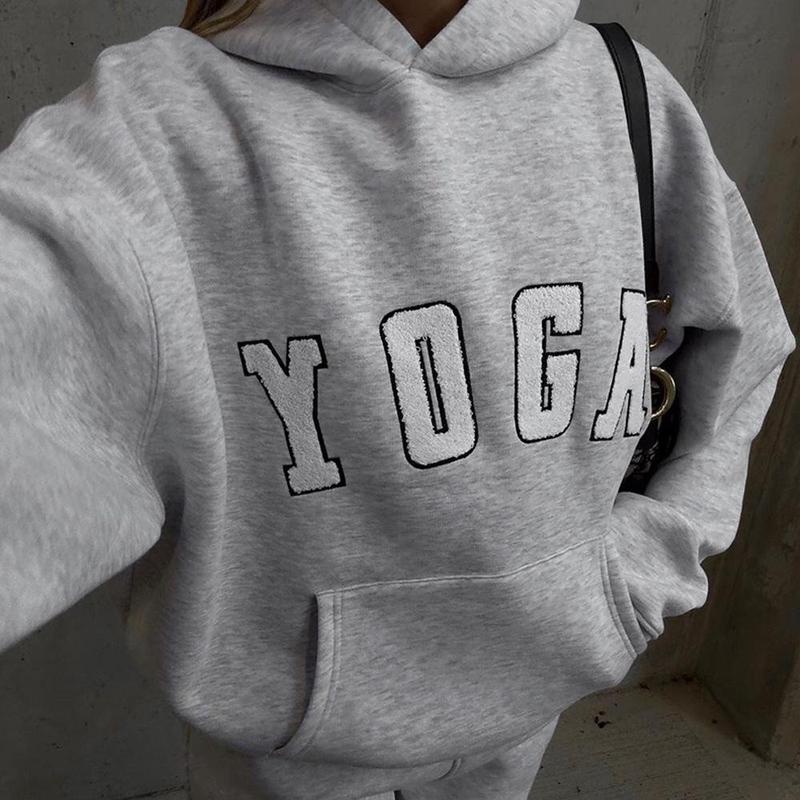 Women's YOGA Embroidered Drop Shoulder Sweatshirt, Casual Long Sleeve Hooded Pullover for Spring & Fall, Ladies Clothes for Daily Wear,  Tops for Women 2