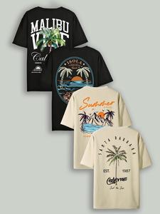 Men's Plants Print Round Neck Tee, Trendy Coconut Tree Print Short Sleeve T-Shirt for Men, Casual Comfy Knitting Top for Summer