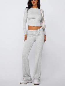 Two-piece Set Women's Solid Longsleeves Crop Top & Flare Leg Pants Set, Casual Fashion Cozy Top & Bell Bottom Trousers, Oktoberfest Outfit, Co Ord Set, Autumn Winter Outfit, Rave Outfits, Cute Set Outfits, Co-ord Sets for Women, Soft Womenswear