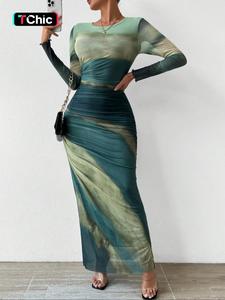 Women's Tie Dye Print Round Neck Dress, Casual Long Sleeve Dress for Summer, Ladies Clothes for Daily Wear, Womenswear