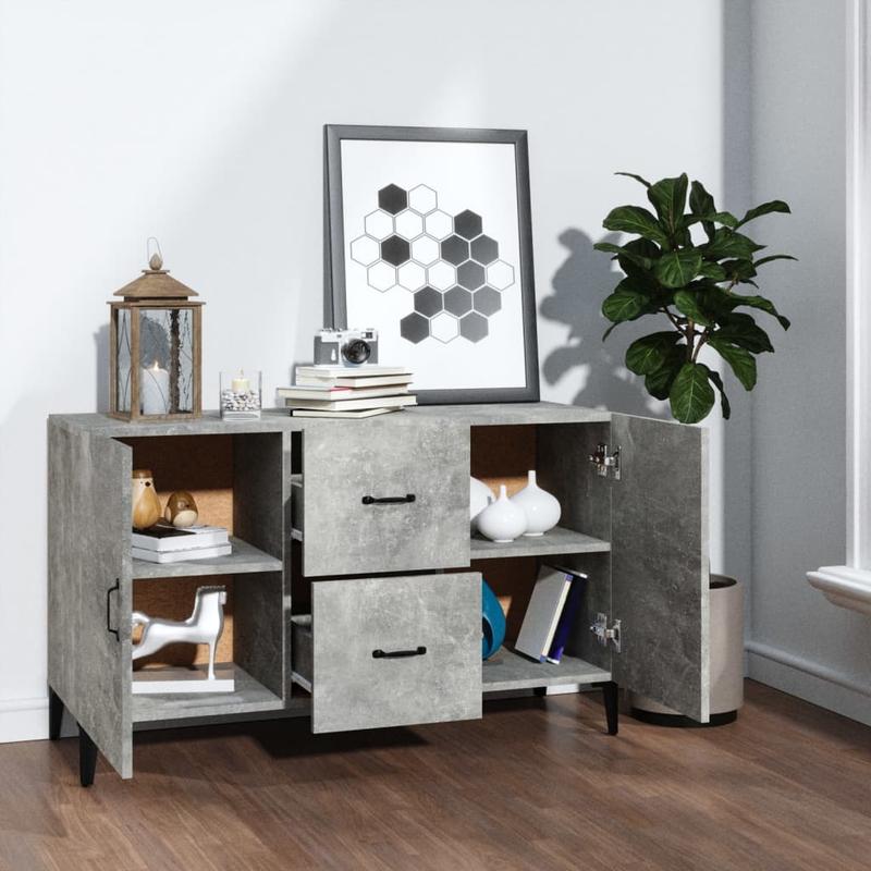 Modern Wooden 2 Door Concrete Grey Sideboard Storage Cabinet Unit With Drawers 2