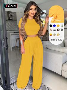 Two-Piece Set Women's Solid Short Sleeve Crop Top & High Waist Plicated Pants Set, Casual Round Neck Tee & Wide Leg Trousers For Summer, Ladies Clothes For Daily Wear