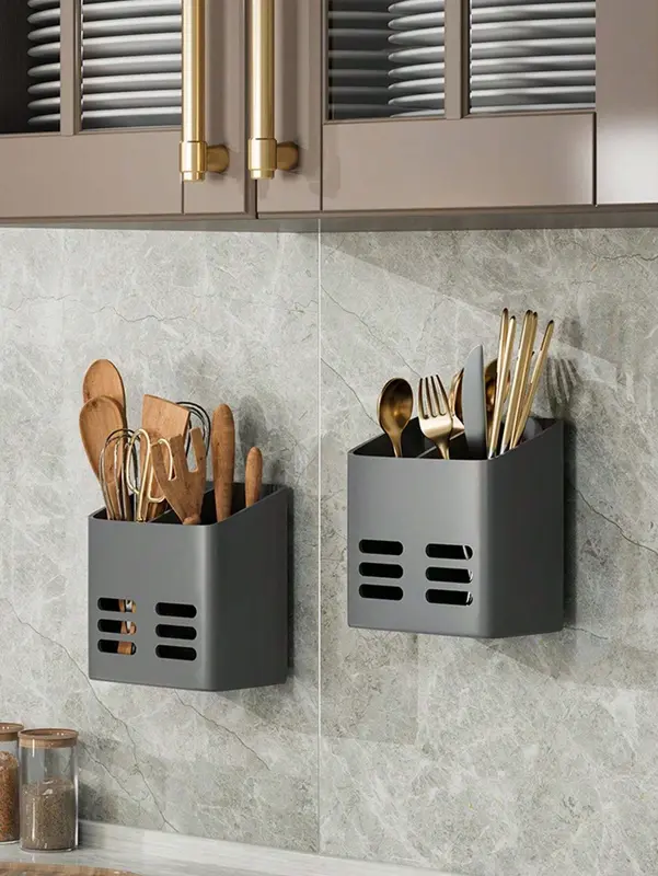 1PC Wall-Mounted Non-Hole Storage Rack - Portable Kitchen Storage Box for Tableware, Knife & Fork, Chopsticks, Cosmetics, Remote, Pen & More, Suitable for Kitchen, Bathroom, Makeup Table, Living Room, Home Decoration, Christmas Gifts 3