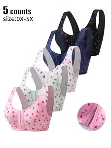 Plus Size Women's All Over Cherry Print Front Buckle Wireless Bra, Casual Comfortable Breathable Backless Bra, Women's Lingerie for All Seasons