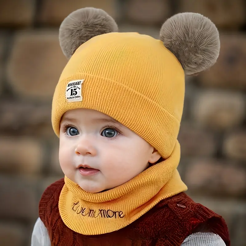 RISELDAJOR  2pcs/Set Soft & Elastic Knitted Beanies for baby, Pom-Pom & Snood with Alphabet Design, Ideal for Casual Attire in Fall/Winter and Birthday Parties 2