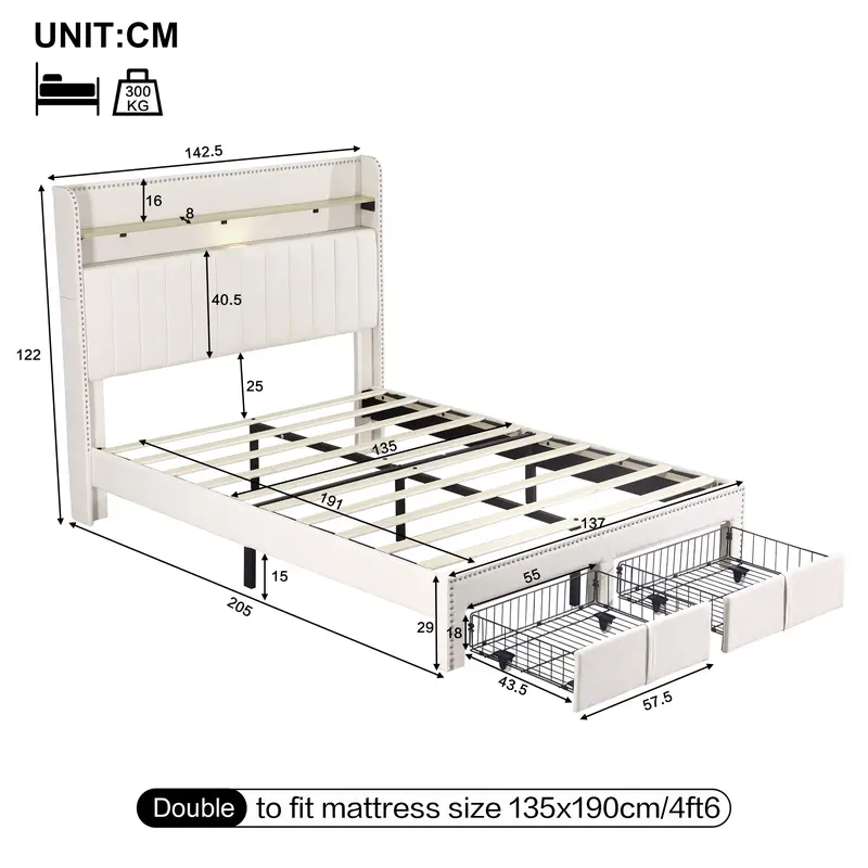 4ft6 Double Upholstered Bed with 2 Storage Drawers, Riveted Storage Bed with Charging and Lighting, Linen Platform Bed Frame No Box Spring Needed, Easy Assembly, Beige (No Mattress) 8