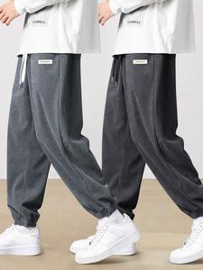 Men's Letter Patched Drawstring Waist Corduroy Pants, Casual Comfy Pocket Jogger Trousers for Fall & Winter, Men's Bottoms for Daily Wear